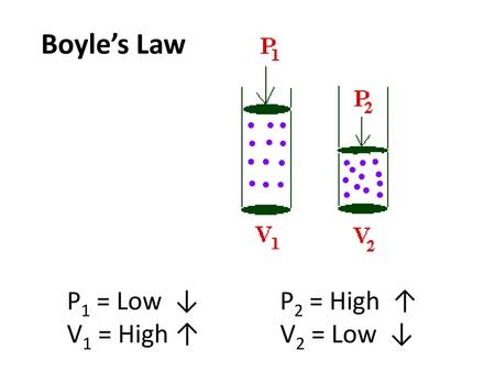 Boyle’s Law P1 = Low ↓ P2 = High ↑ V1 = High ↑ V2 = Low ↓