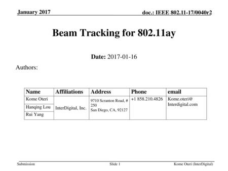 Beam Tracking for ay Date: Authors: January 2017