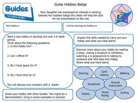 Guide Hobbies Badge Your daughter has expressed an interest in working towards her hobbies badge this sheet will help her plan for her presentation to.