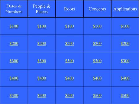Dates & Numbers People & Places Roots Concepts Applications $100 $100