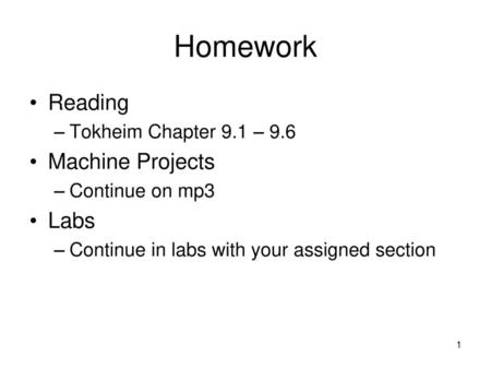 Homework Reading Machine Projects Labs Tokheim Chapter 9.1 – 9.6
