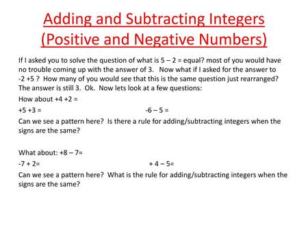 Adding and Subtracting Integers (Positive and Negative Numbers)