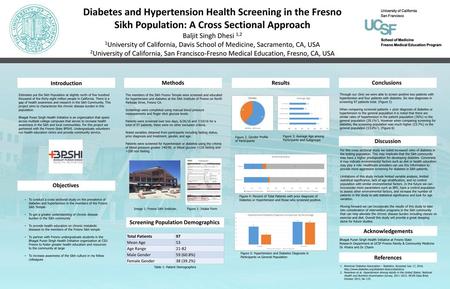 Diabetes and Hypertension Health Screening in the Fresno Sikh Population: A Cross Sectional Approach Baljit Singh Dhesi 1,2 1University of California,