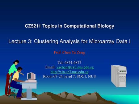 CZ5211 Topics in Computational Biology Lecture 3: Clustering Analysis for Microarray Data I Prof. Chen Yu Zong Tel: 6874-6877 Email: yzchen@cz3.nus.edu.sg.