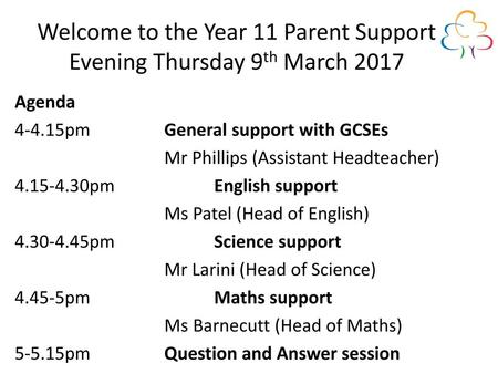 Welcome to the Year 11 Parent Support Evening Thursday 9th March 2017
