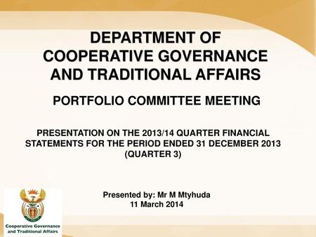 DEPARTMENT OF COOPERATIVE GOVERNANCE AND TRADITIONAL AFFAIRS