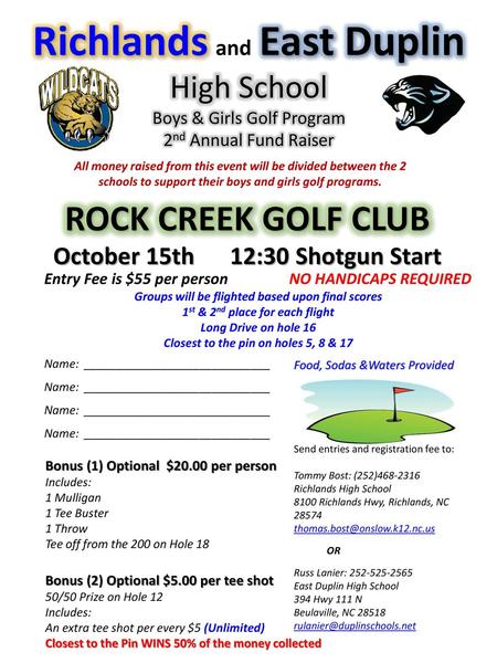 Richlands and East Duplin High School Boys & Girls Golf Program 2nd Annual Fund Raiser All money raised from this event will be divided between the.
