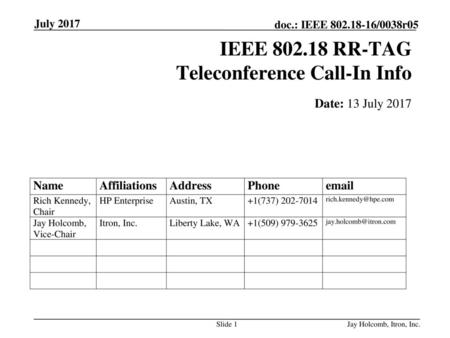 IEEE RR-TAG Teleconference Call-In Info