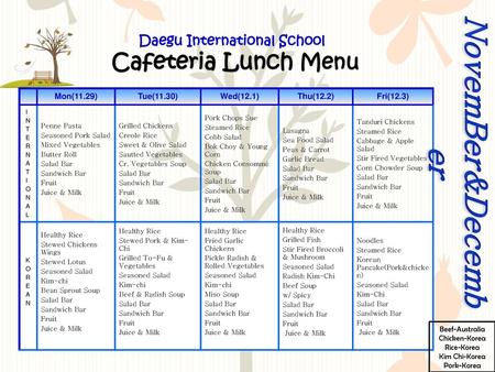 Daegu International School Cafeteria Lunch Menu