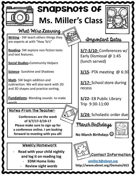 Ms. Miller’s Class 3/7-3/10- Conferences w/ Early 1:45