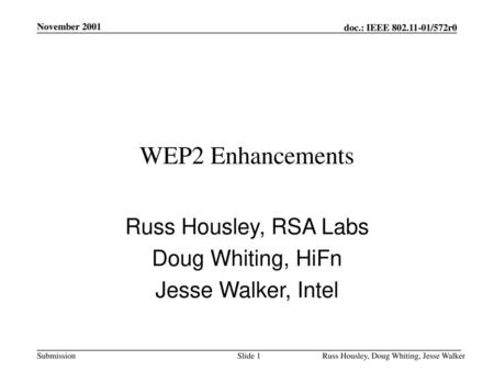 WEP2 Enhancements Russ Housley, RSA Labs Doug Whiting, HiFn