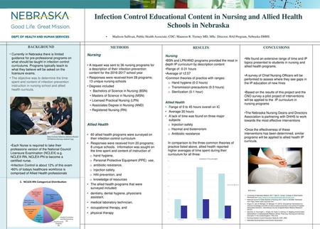 Infection Control Educational Content in Nursing and Allied Health Schools in Nebraska ￼ Madison Sullivan, Public Health Associate, CDC; Maureen R. Tierney.