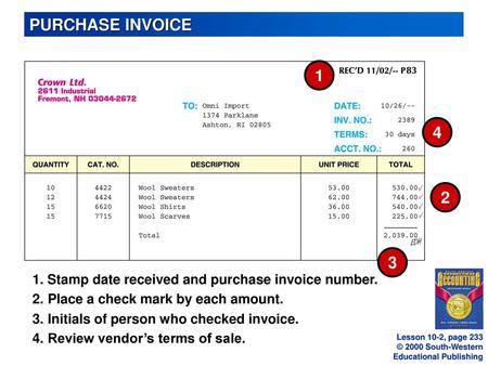 PURCHASE INVOICE 1 4 2 3 1. Stamp date received and purchase invoice number. 2.	Place a check mark by each amount. 3.	Initials of person who checked invoice.