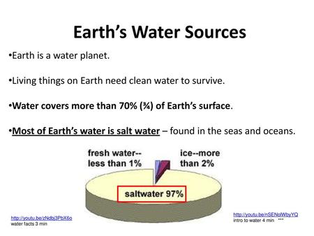 Earth’s Water Sources Earth is a water planet.