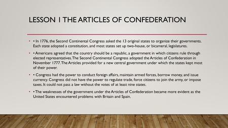 Lesson 1 The Articles of Confederation