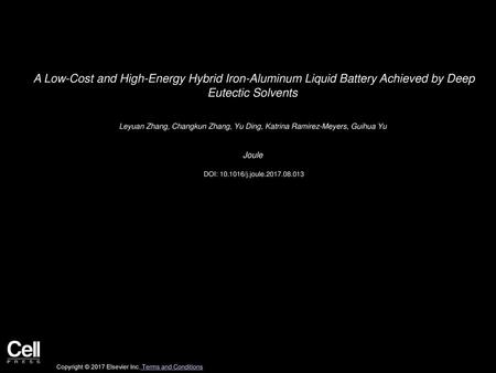 A Low-Cost and High-Energy Hybrid Iron-Aluminum Liquid Battery Achieved by Deep Eutectic Solvents  Leyuan Zhang, Changkun Zhang, Yu Ding, Katrina Ramirez-Meyers,