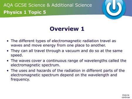 Overview 1 The different types of electromagnetic radiation travel as waves and move energy from one place to another. They can all travel through a vacuum.