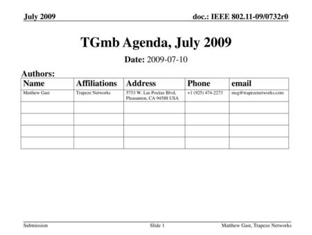 TGmb Agenda, July 2009 Date: Authors: July 2009 July 2009