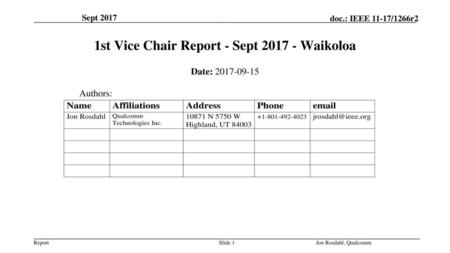 1st Vice Chair Report - Sept Waikoloa
