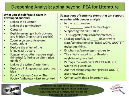 Deepening Analysis: going beyond PEA for Literature