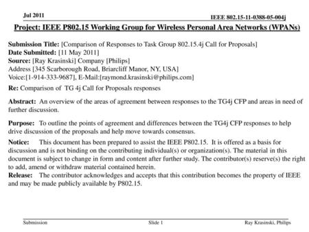 Jul 2011 Project: IEEE P802.15 Working Group for Wireless Personal Area Networks (WPANs) Submission Title: [Comparison of Responses to Task Group 802.15.4j.