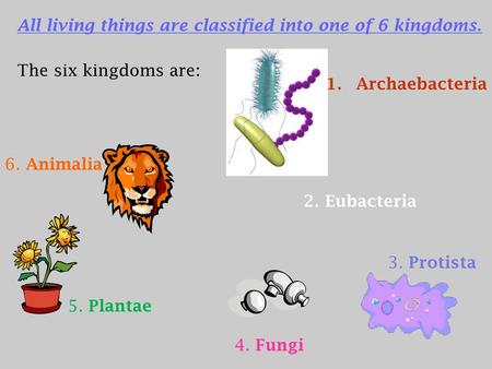 All living things are classified into one of 6 kingdoms.