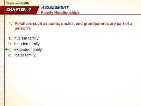 Relatives such as aunts, uncles, and grandparents are part of a person’s nuclear family. blended family. extended family. foster family.