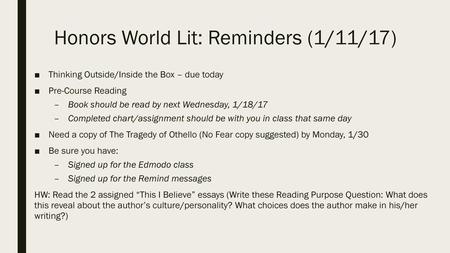 Honors World Lit: Reminders (1/11/17)
