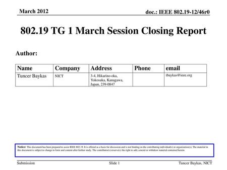 TG 1 March Session Closing Report