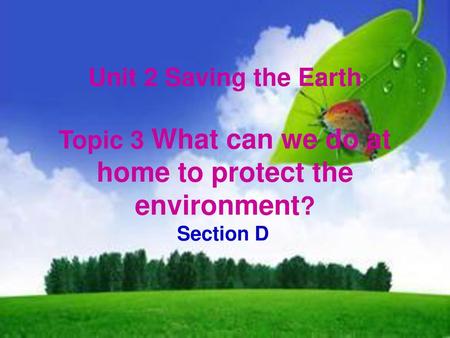 Unit 2 Saving the Earth Topic 3 What can we do at home to protect the environment? Section D.