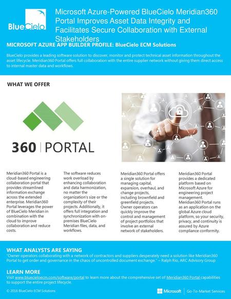 Microsoft Azure-Powered BlueCielo Meridian360 Portal Improves Asset Data Integrity and Facilitates Secure Collaboration with External Stakeholders MICROSOFT.
