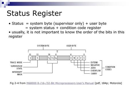 Status Register Status = system byte (supervisor only) + user byte 	 = system status + condition code register usually, it is not important to know.