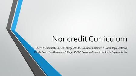 Noncredit Curriculum Cheryl Aschenbach, Lassen College, ASCCC Executive Committee North Representative Randy Beach, Southwestern College, ASCCC Executive.
