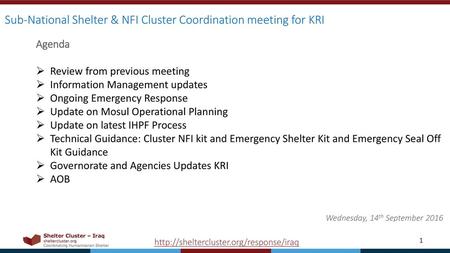 Sub-National Shelter & NFI Cluster Coordination meeting for KRI