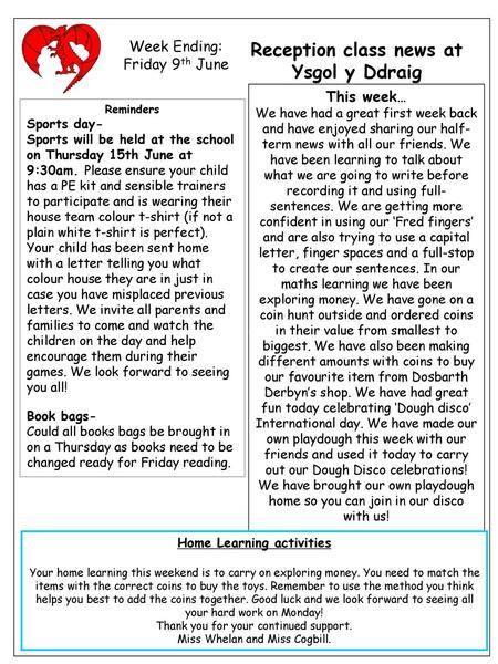 Reception class news at Home Learning activities