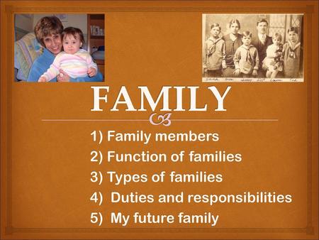 FAMILY 1) Family members 2) Function of families 3) Types of families
