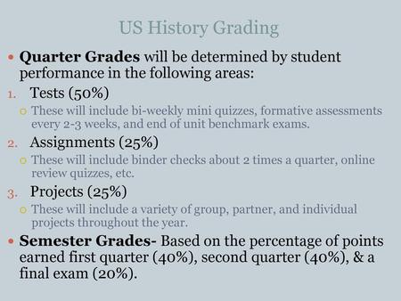 US History Grading Quarter Grades will be determined by student performance in the following areas: Tests (50%) These will include bi-weekly mini quizzes,