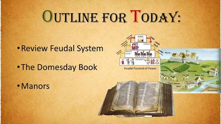 Outline for Today: Review Feudal System The Domesday Book Manors.