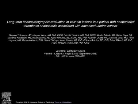 Long-term echocardiographic evaluation of valvular lesions in a patient with nonbacterial thrombotic endocarditis associated with advanced uterine cancer 