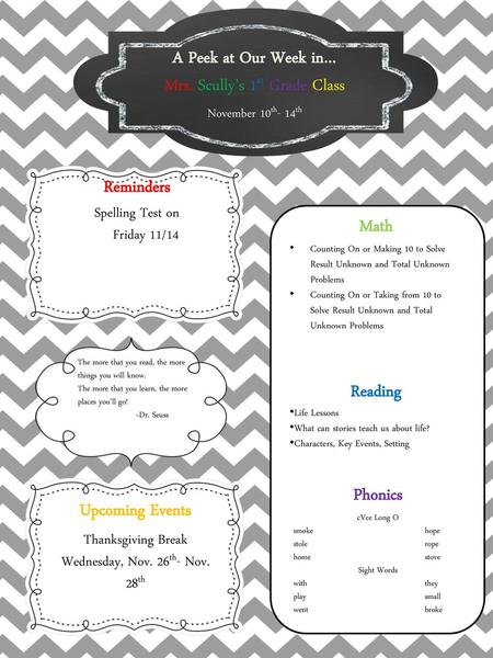 A Peek at Our Week in… Reminders Math Reading Phonics Upcoming Events