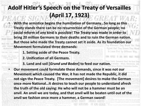 Adolf Hitler’s Speech on the Treaty of Versailles (April 17, 1923)