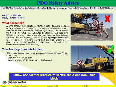 Follow the correct practice to secure the crane hook and block