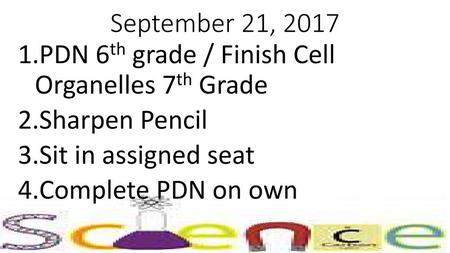 September 21, 2017 PDN 6th grade / Finish Cell  Organelles 7th Grade