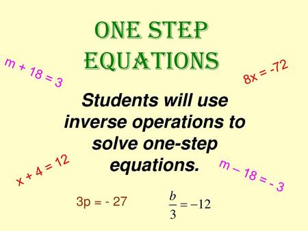 Students will use inverse operations to solve one-step equations.