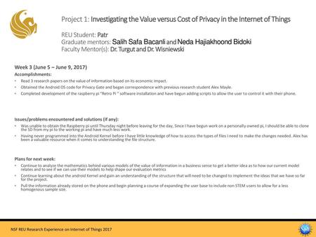 Project 1: Investigating the Value versus Cost of Privacy in the Internet of Things REU Student: Patr Graduate mentors: Salih Safa Bacanli and Neda.