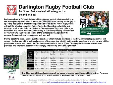 Darlington Rugby Football Club Coaching and training times