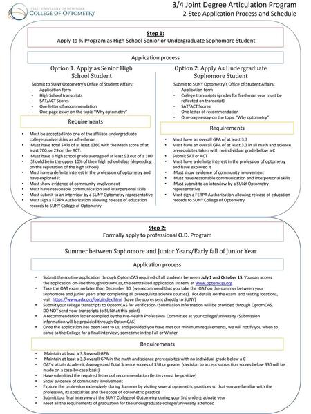 3/4 Joint Degree Articulation Program 2-Step Application Process and Schedule Apply to ¾ Program as High School Senior or Undergraduate Sophomore Student.