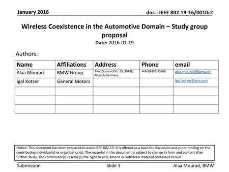 Wireless Coexistence in the Automotive Domain – Study group proposal