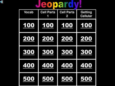 Jeopardy! Vocab Cell Parts 1 Cell Parts 2 Getting Cellular 100 100 100