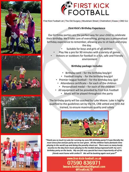 First Kick’s Birthday Experience Birthday package includes